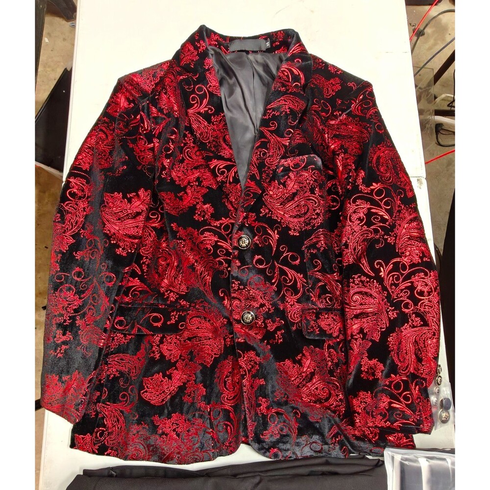 Boys 14y Black Red Paisley Jacquard Suit Jacket Pants Suspenders Halloween Prom